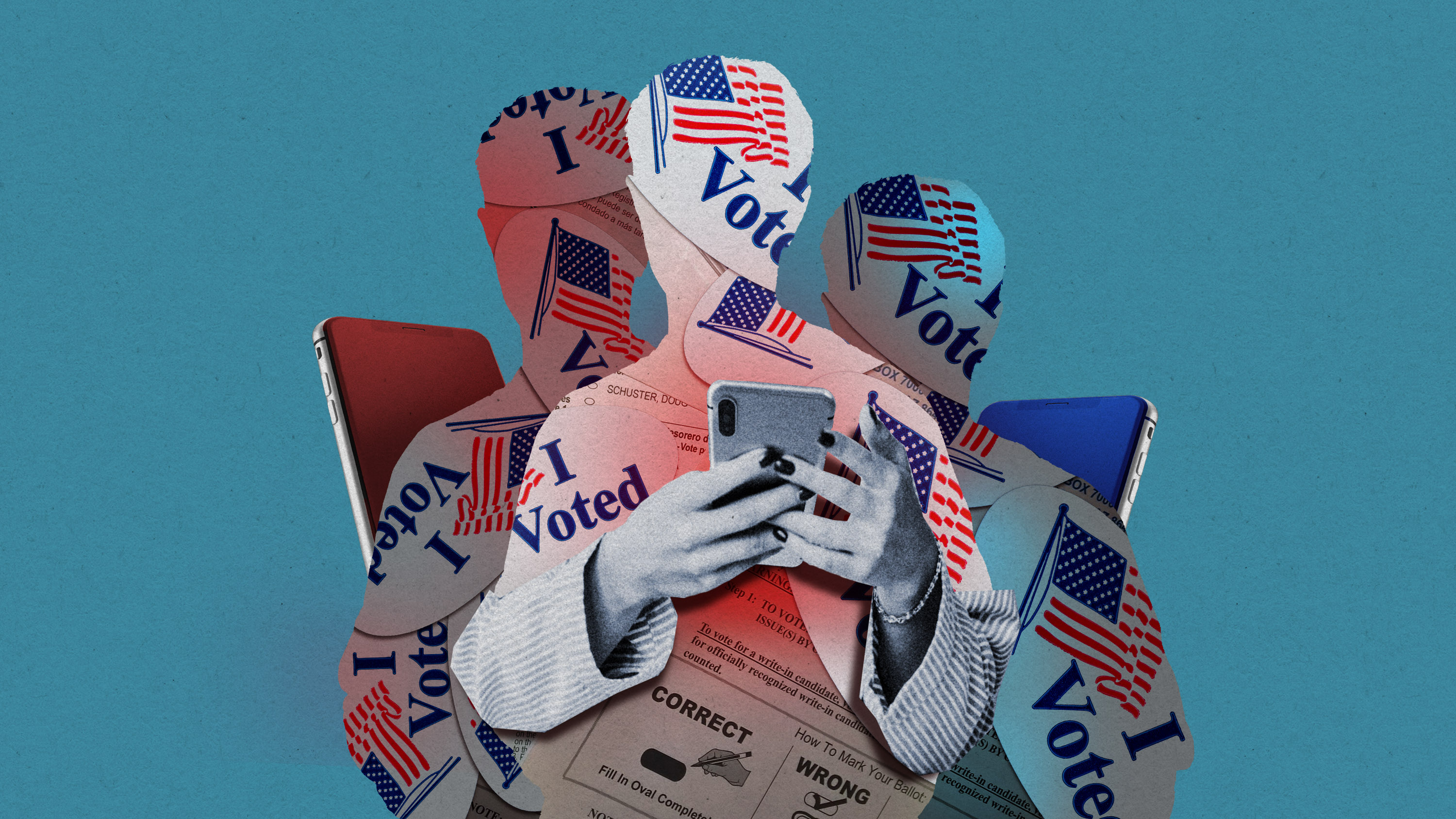three figures covered in &quot;I Voted&quot; stickers lookat their phones which glow blue and red