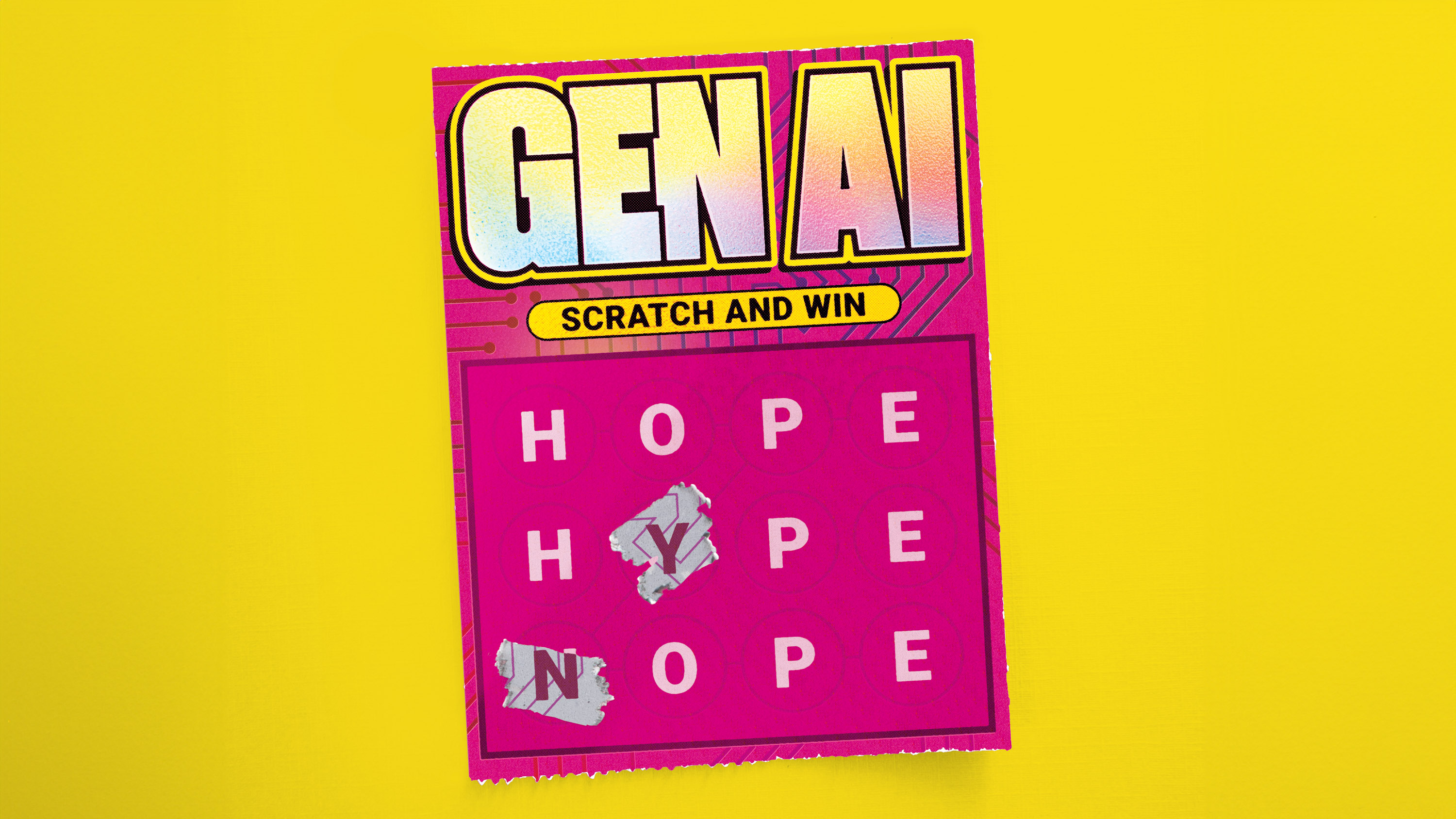 a "Gen AI" scratch ticket with "HOPE" "HYPE" and "NOPE" revealed