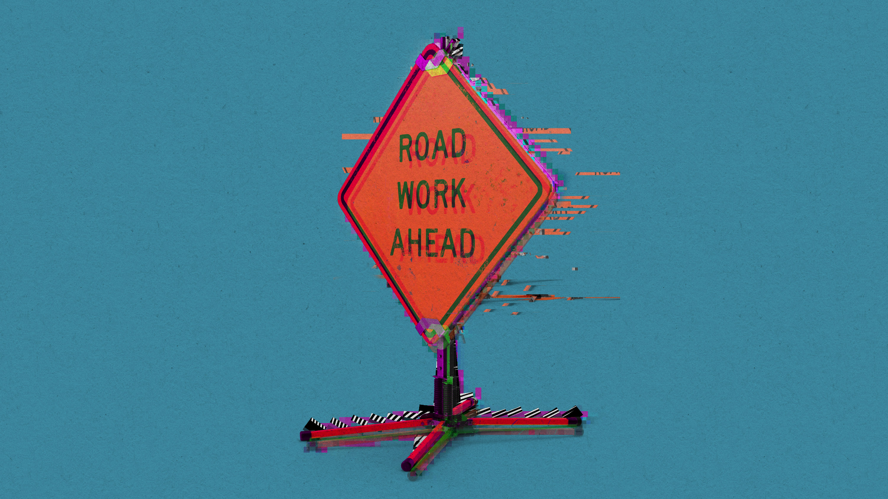 a road work sign with glitches