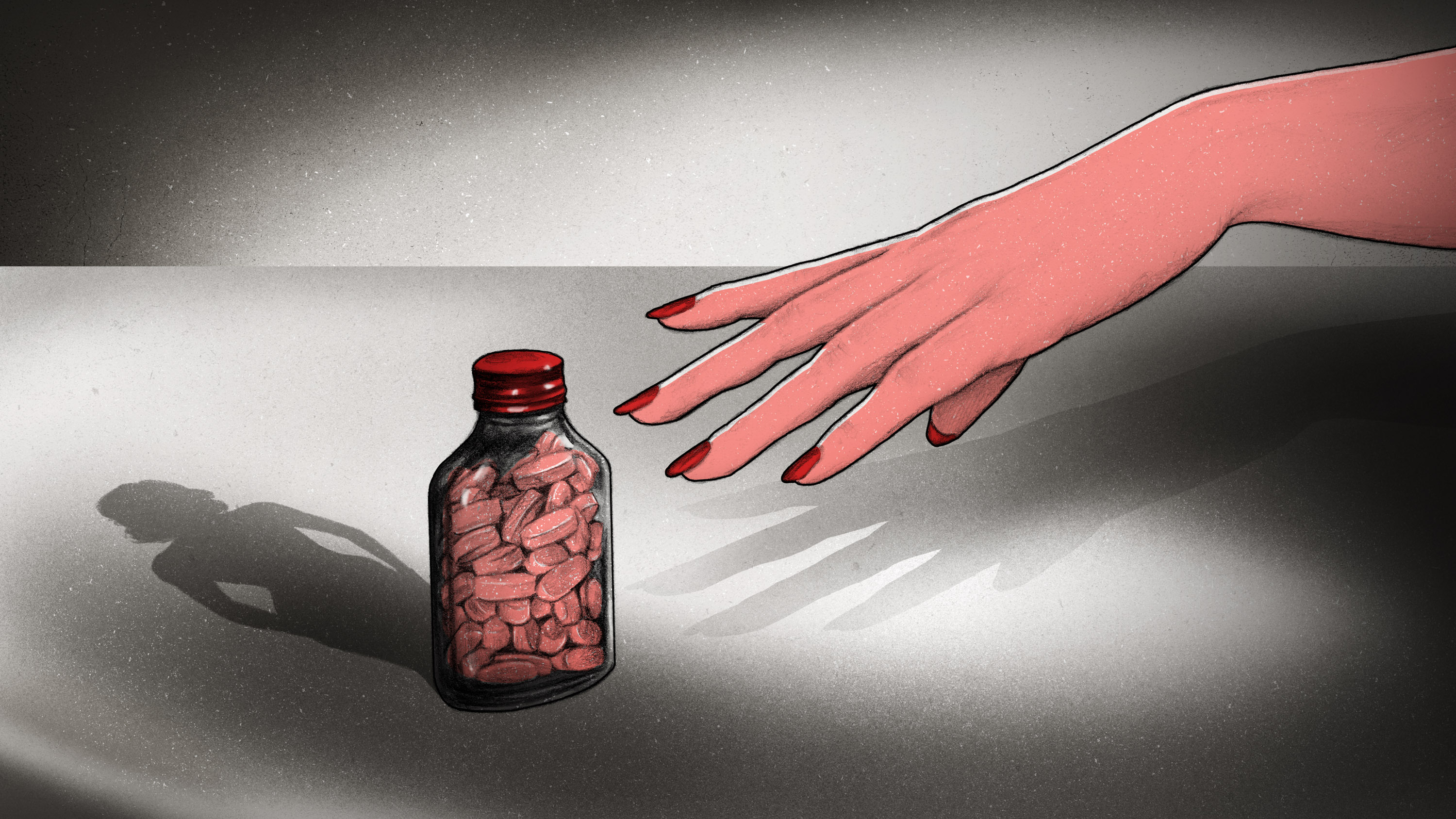 a manicured hand reaches for a bottle of pills that is casting the shadow of a slimmer person
